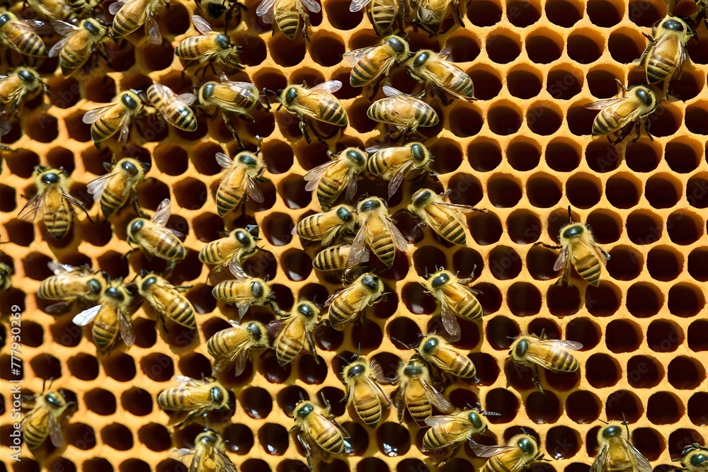 Many bees on honeycomb in apiary, selective focus scene Many bees on honeycomb in apiary, selective focus scene