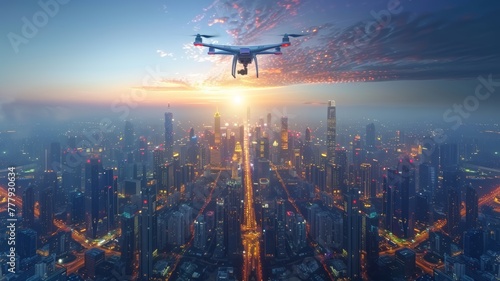 Drones fly over the city at night.