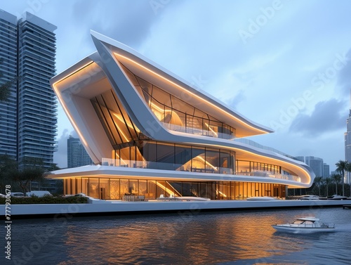 A boat is floating in the water next to a modern building. Generative AI. © serg3d