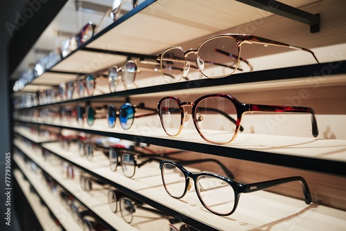 Modern ophthalmic store showcases variety of spectacles in closeup photo