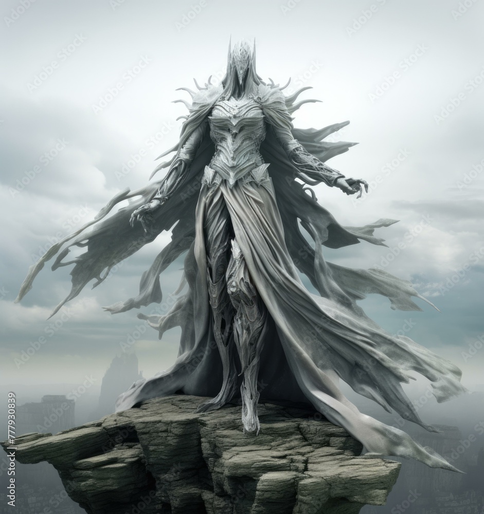 A statue of a woman with long white hair standing on top of rocks. Generative AI.