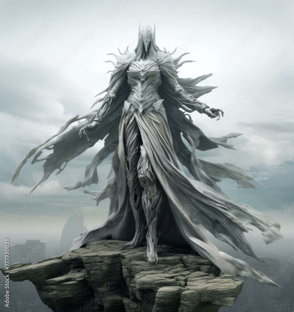 A statue of a woman with long white hair standing on top of rocks. Generative AI. A statue of a woman with long white hair standing on top of rocks. Generative AI.