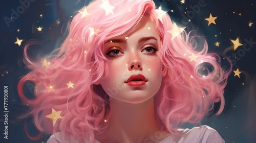 A woman with pink hair and a star on her head