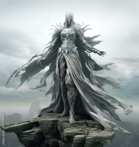 A statue of a woman with long white hair standing on top of rocks. Generative AI. © serg3d