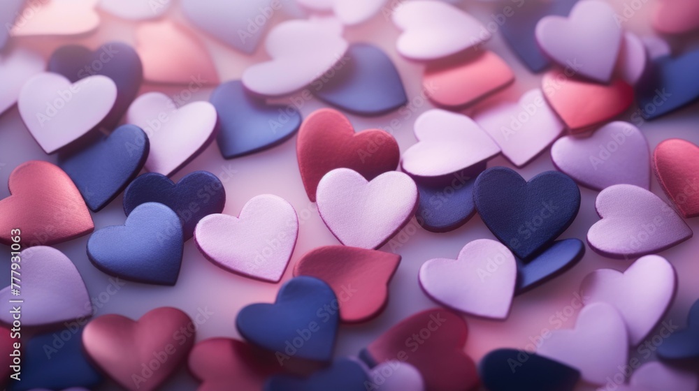 A bunch of small blue and pink hearts are scattered on a table. Generative AI.