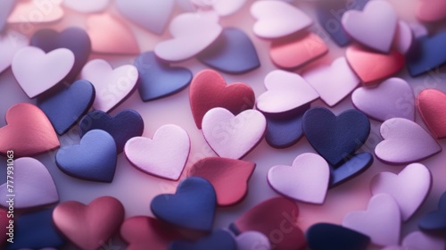 A bunch of small blue and pink hearts are scattered on a table. Generative AI. photo