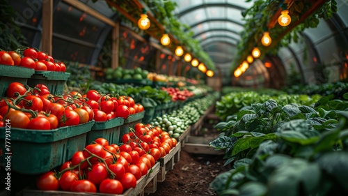 a greenhouse filled with lots of green and red vegetables