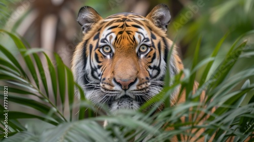 A tiger is peeking out from behind some leaves in the jungle. Generative AI.