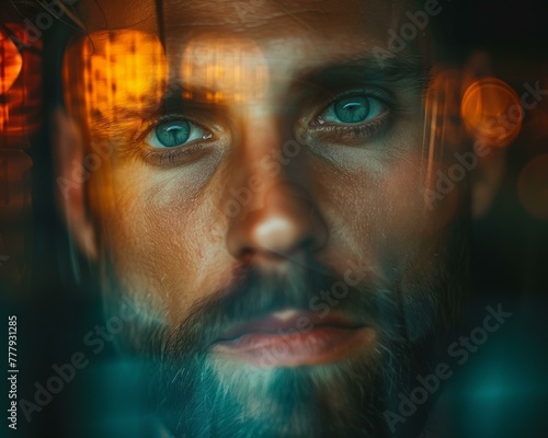 A close up of a man with beard and blue eyes. Generative AI. © serg3d