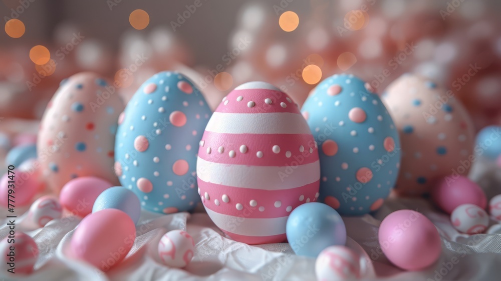 Easter eggs with pastel stripes and dots on a white table Easter eggs with pastel stripes and dots on a white table