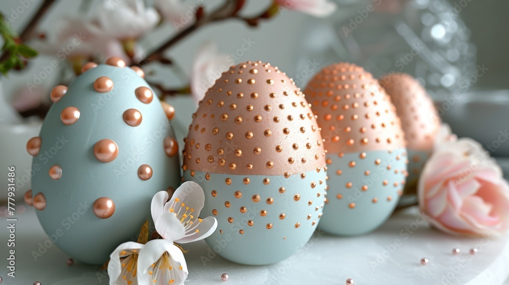 Obraz premium Easter eggs with pastel lace patterns on a 3D-rendered table