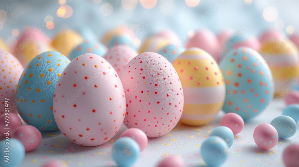 Easter eggs with pastel stripes and dots on a white table Easter eggs with pastel stripes and dots on a white table