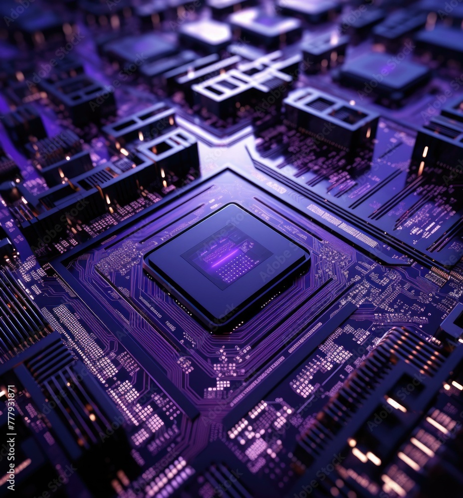 A close up of a computer processor chip with purple lights. Generative AI.