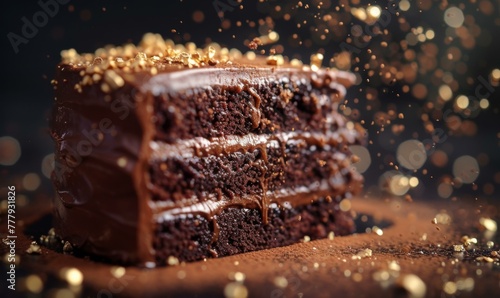 A close up of a chocolate cake with sprinkles on top. Generative AI.