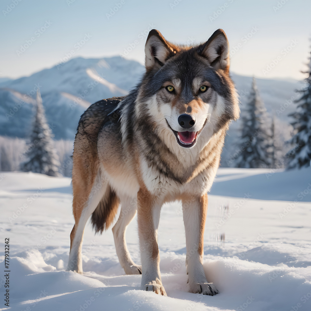 portrait of a wolf. Eurasian wolf, also known as the gray or grey wolf also known as Timber wolf. Scientific name: Canis lupus lupus. Natural habitat, on the snow portrait of a wolf. Eurasian wolf, also known as the gray or grey wolf also known as Timber wolf. Scientific name: Canis lupus lupus. Natural habitat, on the snow