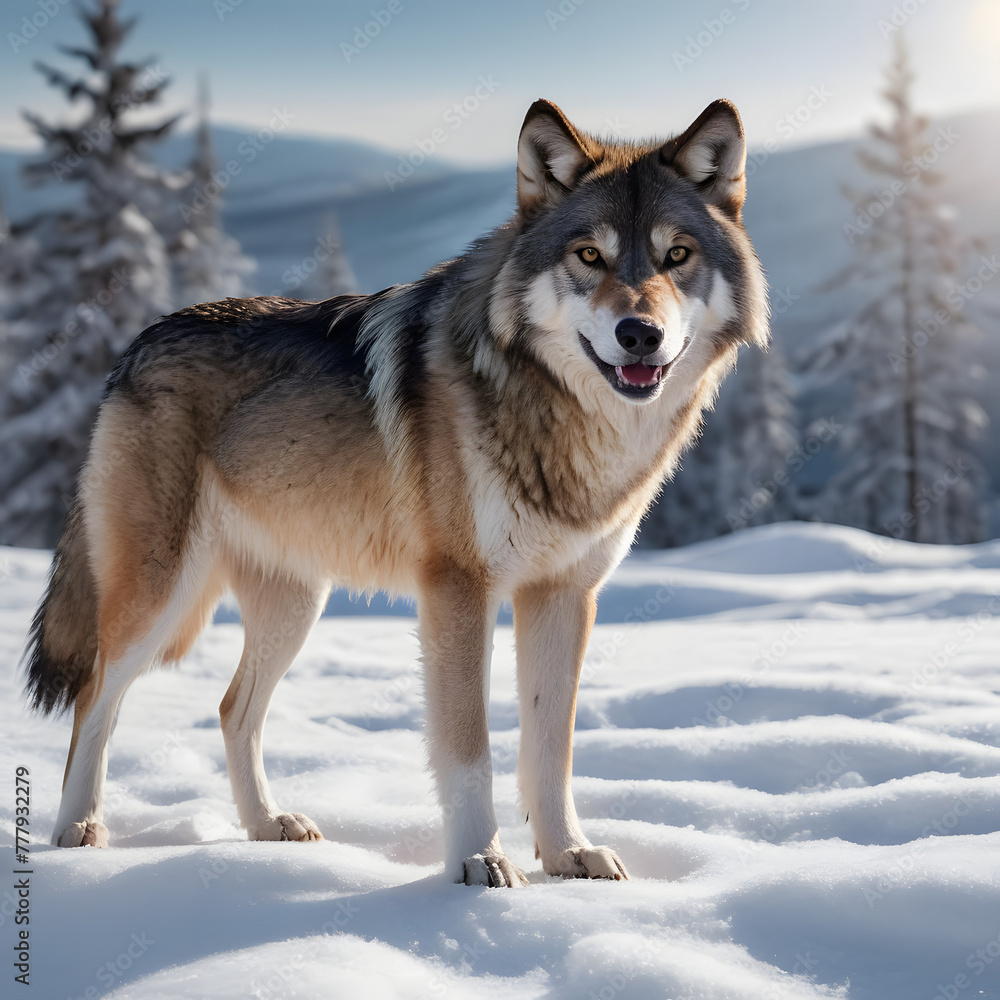 Naklejka premium portrait of a wolf. Eurasian wolf, also known as the gray or grey wolf also known as Timber wolf. Scientific name: Canis lupus lupus. Natural habitat, on the snow