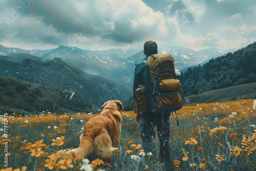 A man and a dog hiking in beautiful mountain landscape, man with tourist backpack hiking on spring wild field together with a dog. The concept of the campaign, hiking , spring traveling and nature