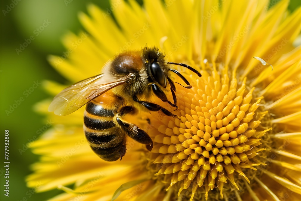 Photo Busy honey bee collecting yellow pollen with vibrant determination Photo Busy honey bee collecting yellow pollen with vibrant determination