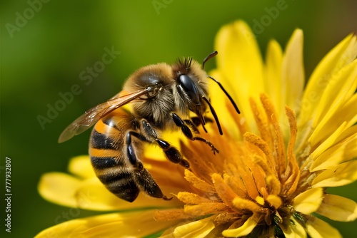 Photo Busy honey bee collecting yellow pollen with vibrant determination