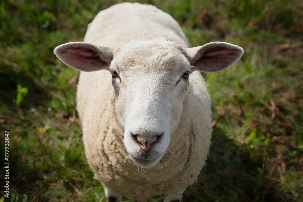 Pic Close up shot captures sheeps curious gaze in farm setting Pic Close up shot captures sheeps curious gaze in farm setting