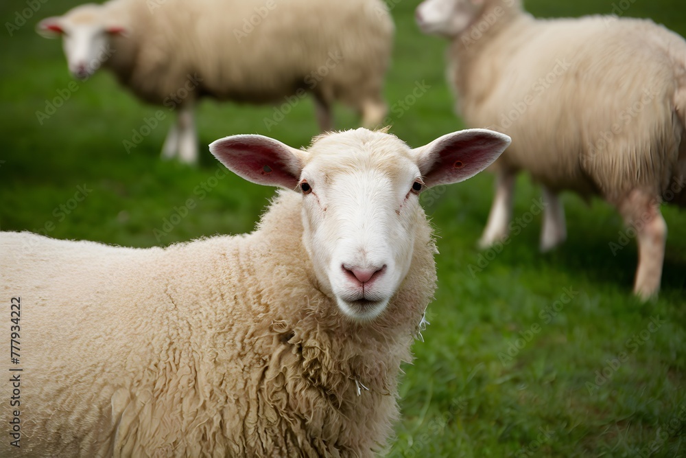 Pic Selective focus on sheep in farm setting, portraying rural charm Pic Selective focus on sheep in farm setting, portraying rural charm