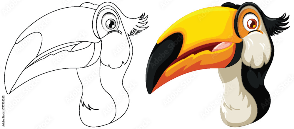 Obraz premium Vector art of a toucan, both colored and line art.
