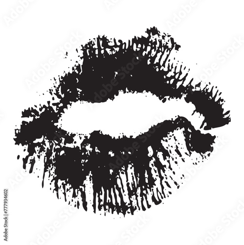 Black lipstick kiss on white background. Imprint of the lips. Kiss mark vector illustration