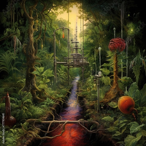 Fantasy landscape with a bridge over the river in the jungle.