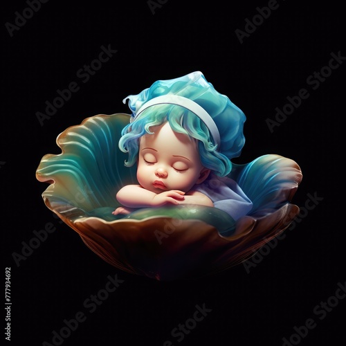 3d rendering of a cute little girl sleeping in a seashell