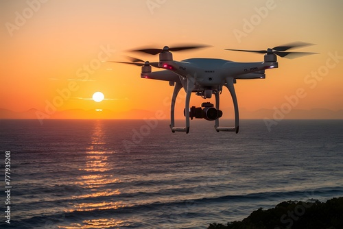 Quadrocopter equipped with camera captures scenic view over sea
