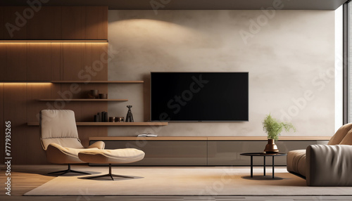 Modern living room interior with brown wooden wall beige leather armchair and large TV