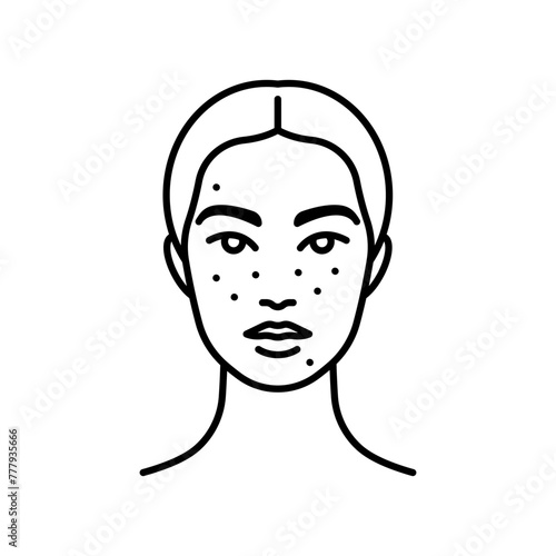 Acne line icon. Female face with pimples. Beautiful young girl, front view. Concept of treatment combination skin with zits. Linear illustration, editable thin stroke.