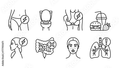 Pregnancy symptoms icons. Abdominal pain, increased urination, tender breast, food aversion, fatigue, headache, nausea, constipation, acne, trouble breathing. Linear illustration, editable stroke icon