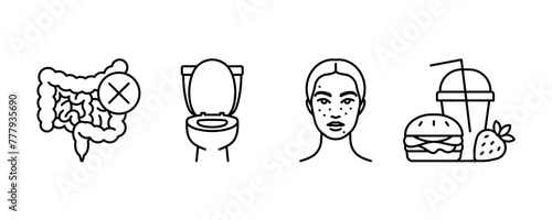Eating disorder, linear icon. Human intestines, toilet bowl, acne, junk food - digestive problems concept. Linear illustration, thin line, editable stroke.