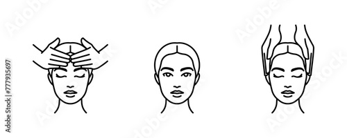 Massage and Spa, line icon set. Woman portrait. Female head, massage movements,  spa treatments, skin care. Cosmetology, relaxation, facial massage. Thin outline, editable strokes