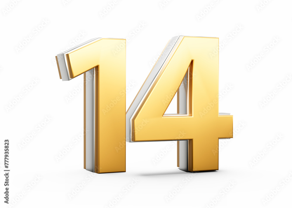 3D Golden Shiny Number 14 Fourteen With Silver Outline Isolated On White Background 3D Illustration 3D Golden Shiny Number 14 Fourteen With Silver Outline Isolated On White Background 3D Illustration