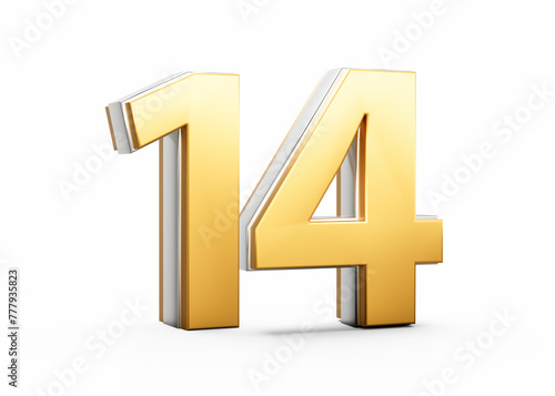 3D Golden Shiny Number 14 Fourteen With Silver Outline Isolated On White Background 3D Illustration