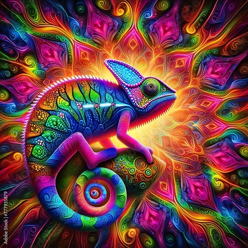 Colourful Chameleon at kaleidoscope pattern background ,closeup , Mesmerizing View , high resolution, nature, ecology, 3d rendering © Zigma Arts