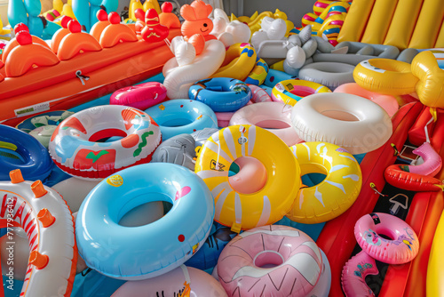 A swimming pool full of inflatable pool floats and rubber rings