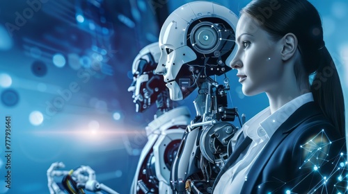 A woman stands in front of three robots, one of which is a woman © Narongsak