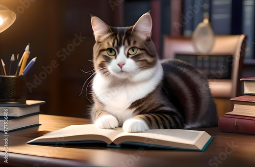 Smart cat with a book sitting in the office