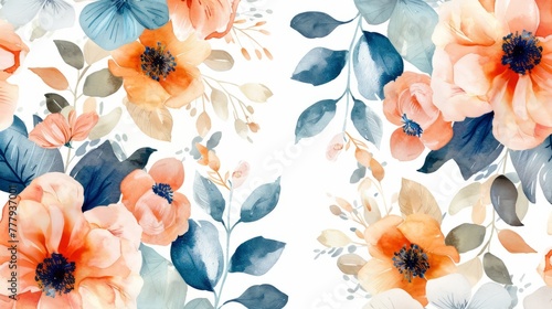 Minimalist Watercolor flowers pattern, photorealistic with warm tones and orange, blue and light pink flowers and green leaves, high details, 8k high resolution, transparent background. 