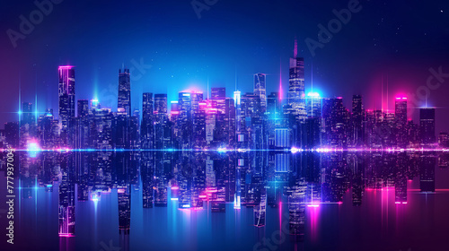 Panoramic urban architecture  cityscape with space and neon light effects. Modern hi-tech  science  futuristic technology concept. Abstract digital high-tech city design for banner background.