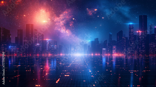 Panoramic urban architecture  cityscape with space and neon light effects. Modern hi-tech  science  futuristic technology concept. Abstract digital high-tech city design for banner background.