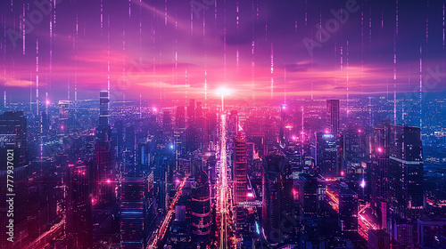 Panoramic urban architecture, cityscape with space and neon light effects. Modern hi-tech, science, futuristic technology concept. Abstract digital high-tech city design for banner background.