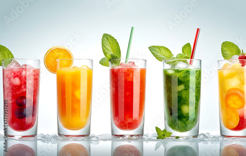 Mixed fruit cocktails on table on color background 