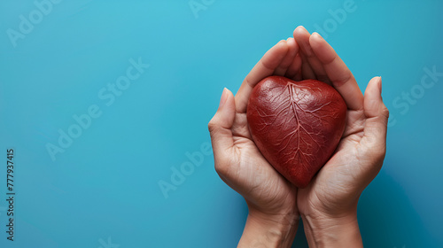 World hepatitis day. Adult hands holding donation Woman's hands hold red Heart on the frozen in the snow. Childhood Hepatitis disease concept. The doctor holds a red heart in his hands.Generative Ai photo