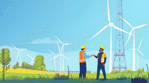 Workers talking bym wind turbines in rural landscap Two electrical engineers next to a windmill Engineer in windmill fields, Generative Ai photo
