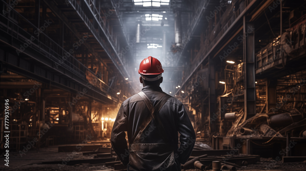Wide shot of back view of Industrial worker. Back view of manager industrial engineer in helmets and uniform standing in factory. Industrial manufacturing modern warehouse
