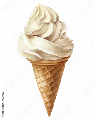 Illustration: Vanilla Ice Cream nestled in a Waffle Cone, topped with a ice cream, against a white background. A charming depiction capturing the classic simplicity of this beloved treat.